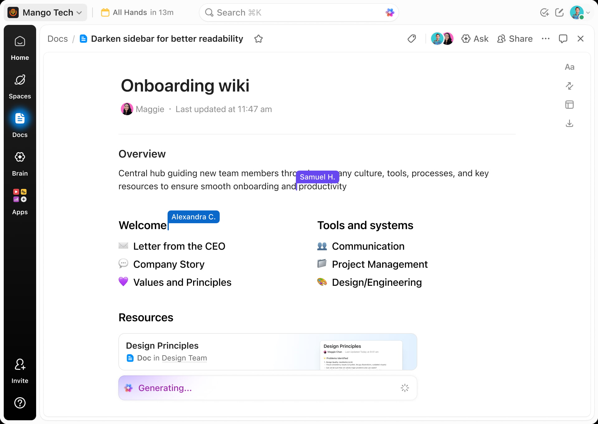 Onboarding wiki interface with sections for overview, welcome, tools, systems, and resources.
