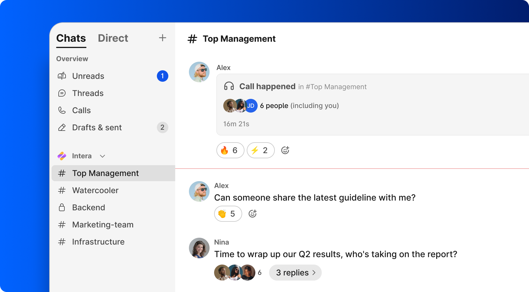 A team chat interface showing a 'Top Management' channel with a call summary and discussions.