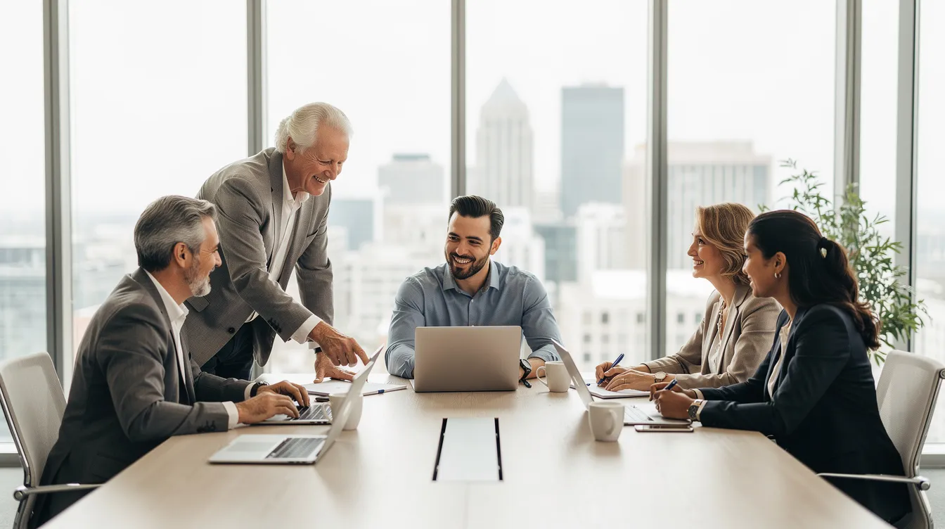 Senior executive guides a team meeting in a sunlit conference room overlooking a city.