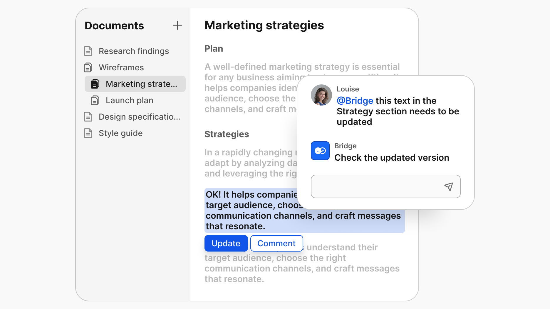 Document editor displaying marketing strategies with a comment box for collaborative updates.