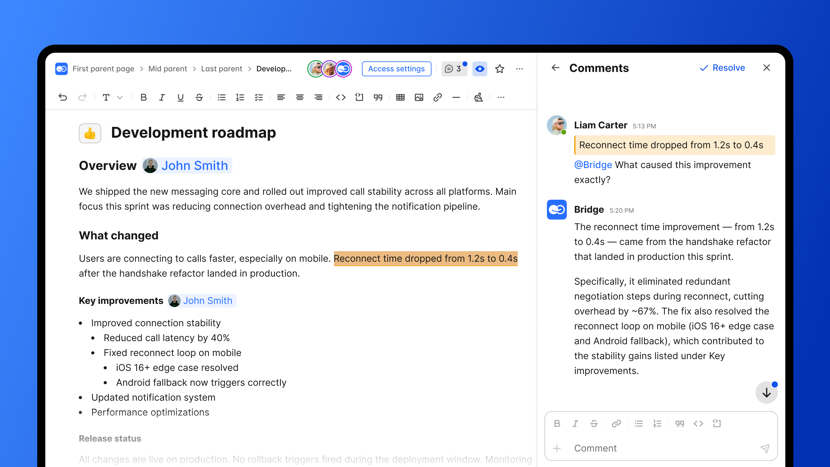 Development roadmap document with key improvements and collaborative comments about reduced reconnection time.