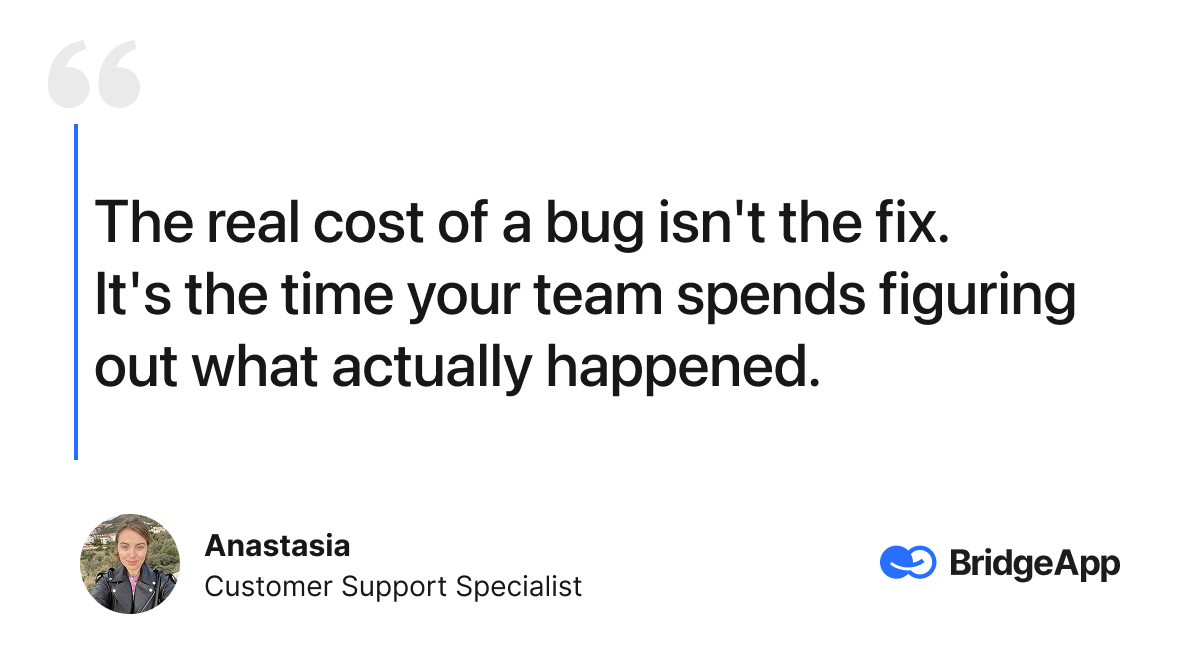 Quote from Anastasia, a Customer Support Specialist at BridgeApp, about the real cost of bugs.