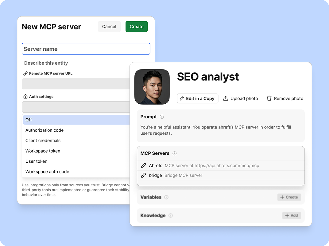 Interfaces de usuário de software sobrepostas: formulário de criação de servidor e página de perfil de analista de SEO.